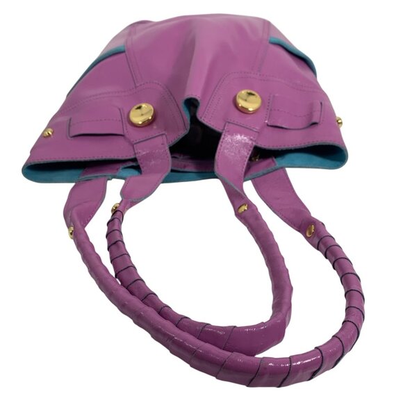 B Makowsky Purple Patent Leather Teal Suede Trim Tote Handbag Weekender Bag - Picture 6 of 14